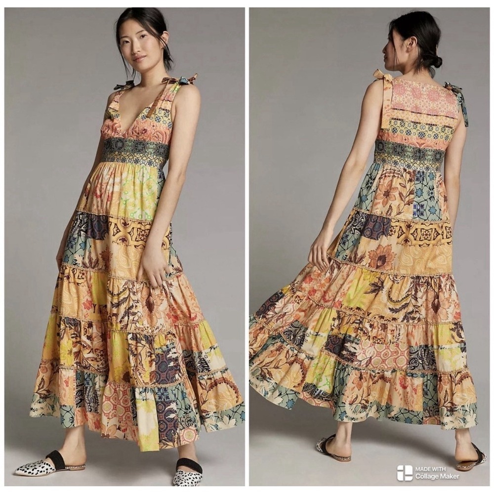 Anthropologie Geisha Designs Rosalinda Patchwork Maxi Dress M 100% Cotton $228